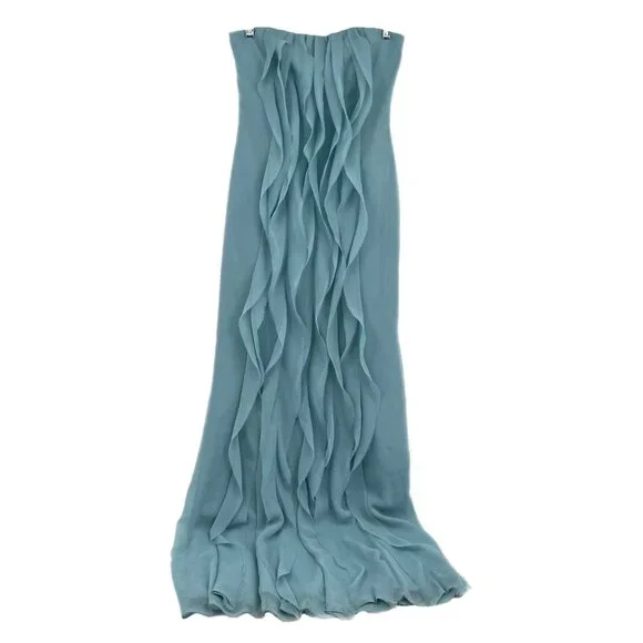 blue bridesmaid dresses plus size Skylar + Madison Little Venice Blue & White Strapless Maxi Dress | Size S | Ruffle Overlay High-Low Tulip Wrap Front Slit